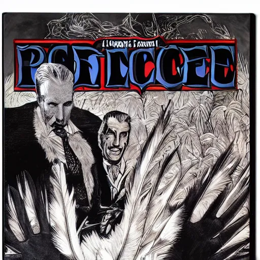 Image similar to vincent price as billionaire howard hughes in long black feathered cloak, black hands tipped with black claws, feathers growing out of skin, at opulent desk, comic book cover, vivid, mike mignogna, illustration, highly detailed, rough paper, dark, oil painting