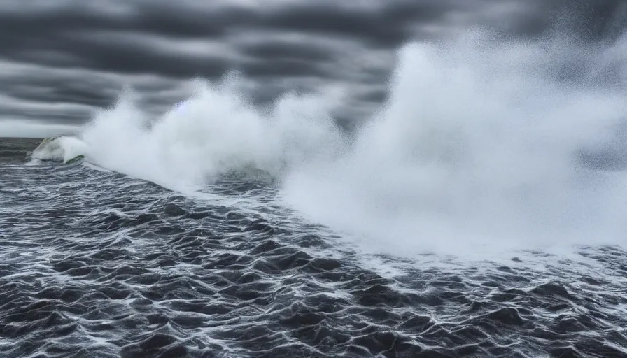 Image similar to photograph of a big incoming wave at brighton pier, dramatic, looming, hyperrealistic