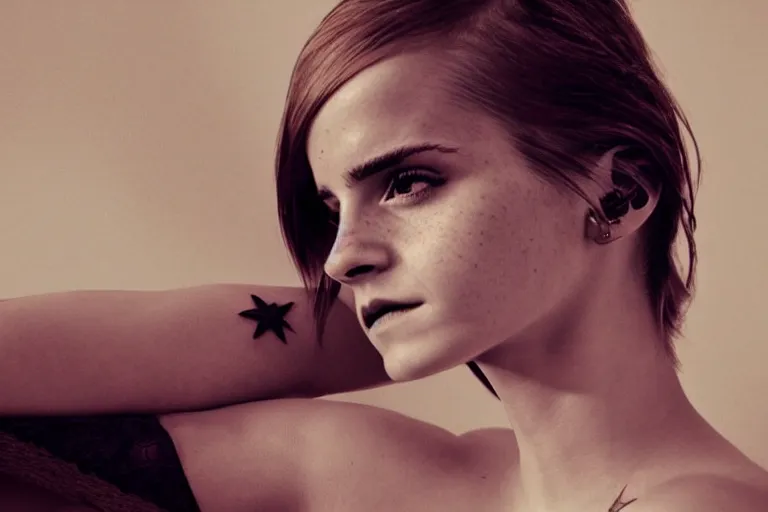 Prompt: emma watson, dope tattoo, hyperrealistic