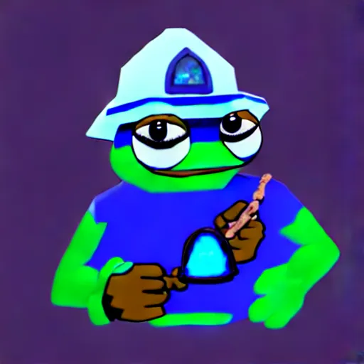 Prompt: pepe the miner holding blue crystal, artstation