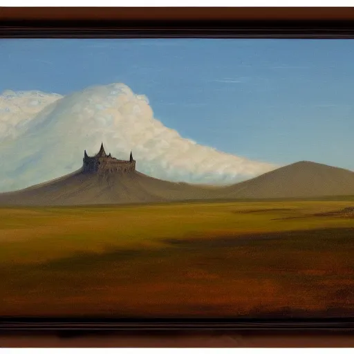 Image similar to painting of a vast field in a large medieval kingdom, dirt paths in various directions and a cattle ranch and a large castle visible in the distance, a volcanic mountain topped by a ring of smoke in the horizon, trending on artstation