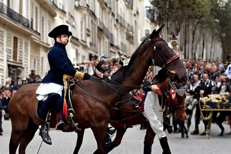 Prompt: closeup portrait of emmanuel macron dressed as napoleon riding a tiny horse in a paris street, natural light, sharp, detailed face, magazine, press, photo, steve mccurry, david lazar, canon, nikon, focus