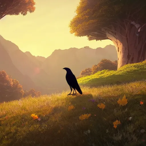 Image similar to a wholesome animation key shot of a crow on a hill, portrait shot, studio ghibli, pixar and disney animation, sharp, rendered in unreal engine 5, anime key art by greg rutkowski, bloom, dramatic lighting, golden hour