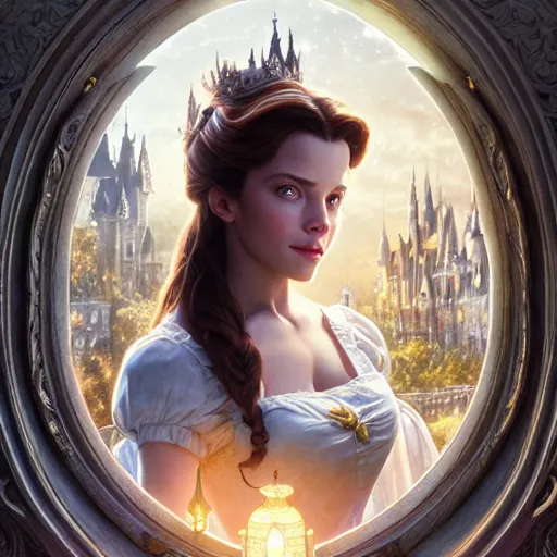 Image similar to belle beauty and the beast ; ultra realistic, concept art, intricate details, eerie, haunting, highly detailed, photorealistic, octane render, 8 k, unreal engine. art by artgerm and greg rutkowski and charlie bowater and magali villeneuve and alphonse mucha