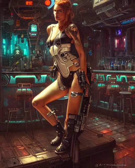 Prompt: a cybernetic bounty hunter sitting at grungy sci - fi bar, fantasy character portrait, ultra realistic, intricate, elegant, highly detailed, digital painting, artstaion, smooth, sharp, focus, illustration, art by artgerm and greg rutkowski and alphonse mucha