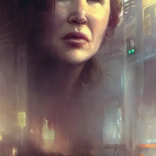 Image similar to renee zellweger, hyperrealistic portrait, bladerunner street, art of elysium by jeremy mann and alphonse mucha, fantasy art, photo realistic, dynamic lighting, artstation, poster, volumetric lighting, very detailed face, 4 k, award winning