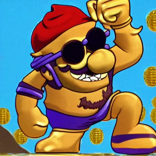 Prompt: wario swimming in gold