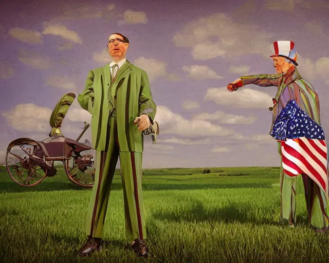 Image similar to incredibly spangly snake oil salesman wearing a purple and green stars and stripes suit, patriotic, painting by Grant Wood, 3D rendering by Beeple