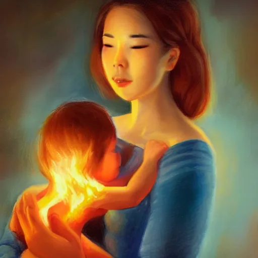 Image similar to beautiful woman cradling her child made of fire by stanley lau, elegant, realistic, loving