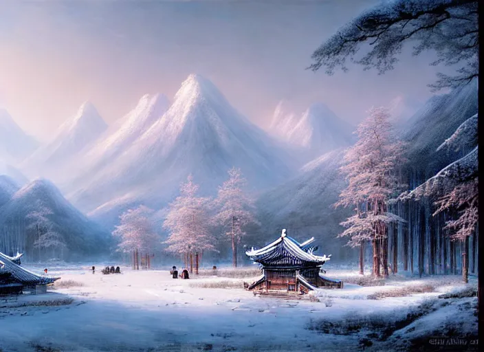 Prompt: beautiful chinese forest and a alaskan tundra snow covered landscape, with a quant village peaceful painted by greg rutkowski, makati shinkai, james gurney, wlop