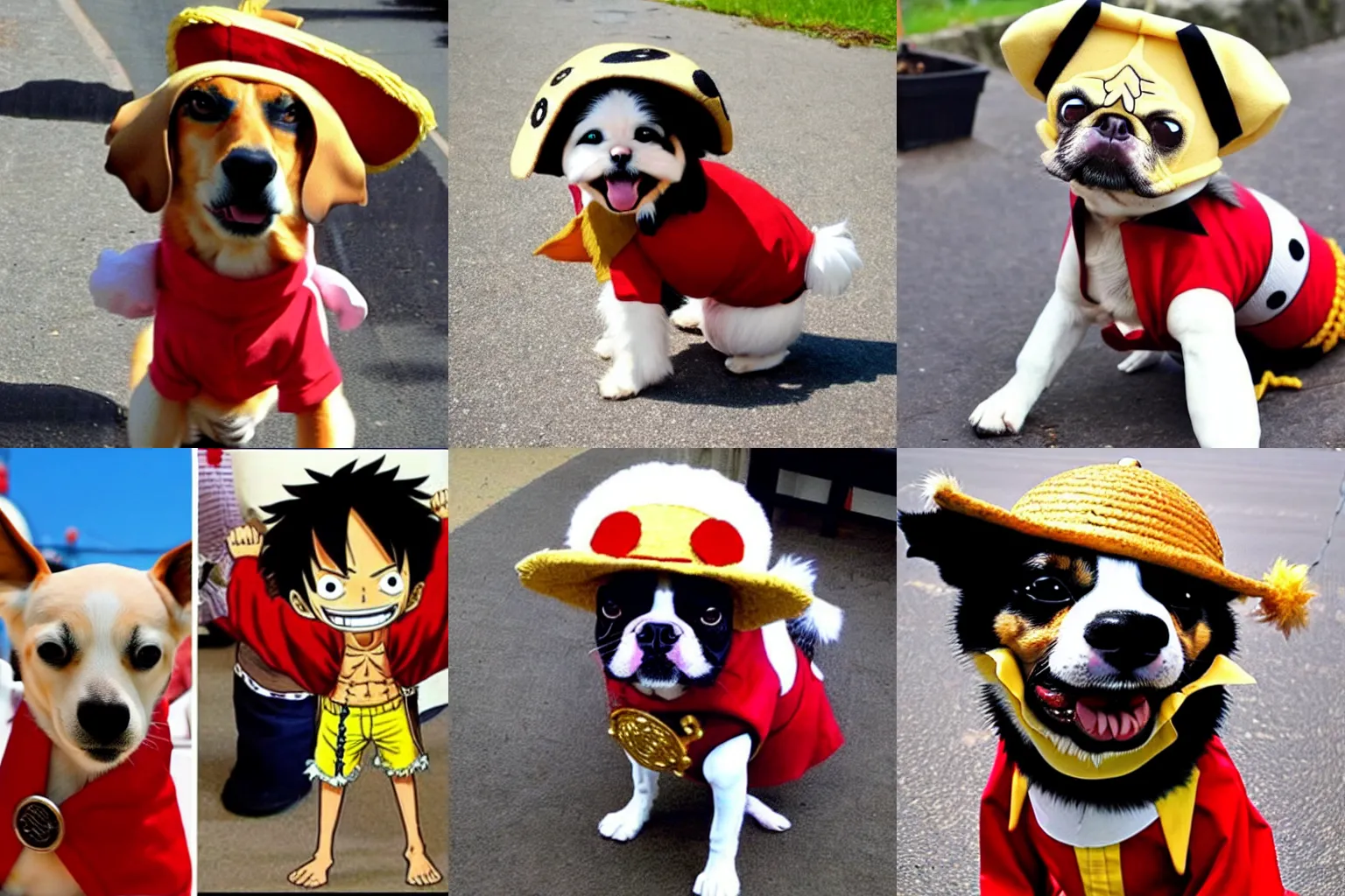 Prompt: dog cosplaying Luffy from one piece