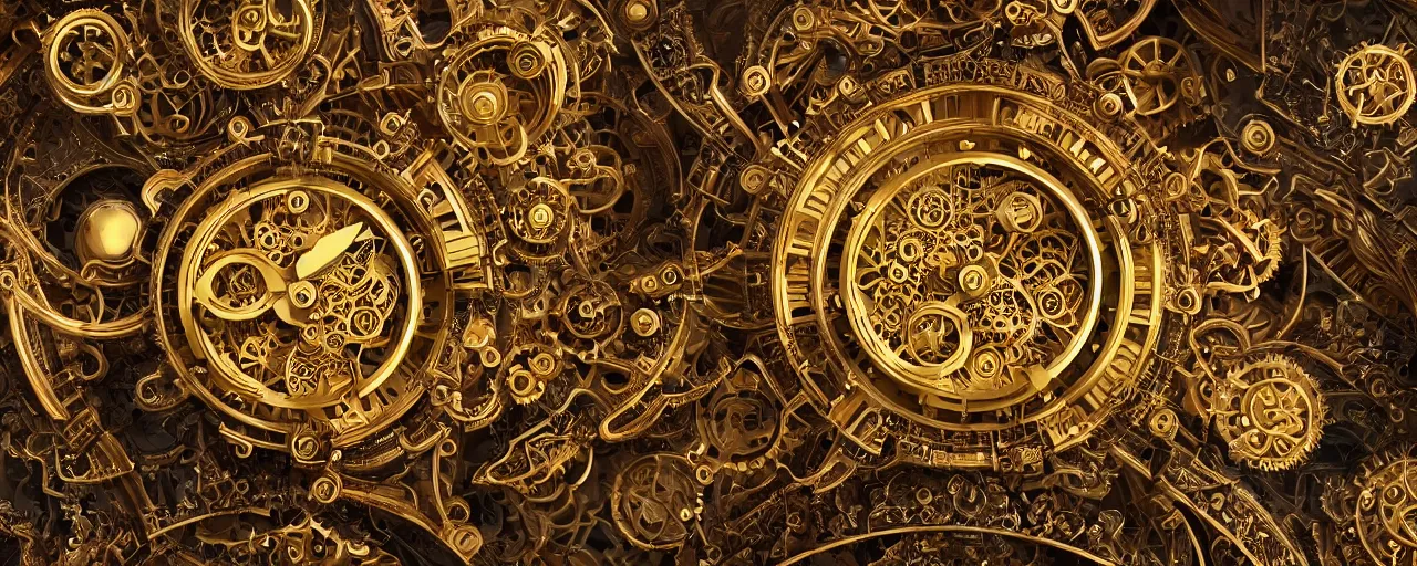 Prompt: dynamic composition, intricate layered golden clockwork machine with cogs, super detailed, fractal structures, arcane, ornate gilded cosmic machine, in the style of simon lee and jama jurabaev, piotr jablonski, engraged, artgerm, featured on cgsociety, unreal engine, 8 k, octane, raytracing