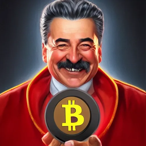 Prompt: realistic josef stalin laughing holding big cryptocurrency golden bitcoin coin in hand wearing reflective red coat portrait, highly detailed, hyperrealistic, digital painting, artstation, concept art, smooth, sharp focus, illustration, cinematic lighting, art by artgerm and greg rutkowski