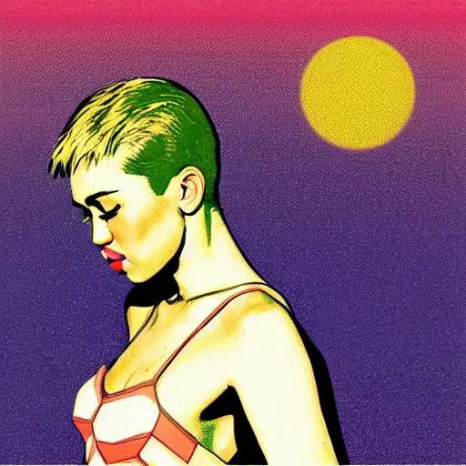 Image similar to “ beautyful miley cyrus retro minimalist portrait, moebius starwatcher comic, minimalistic background, by jean giraud, 8 k ”