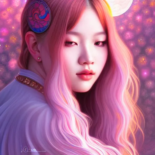 Prompt: jossi of blackpink, goddess of the moon, highly detailed, digital painting, smooth, sharp focus, illustration, ultra realistic, 8 k, art by artgerm and alphonse mucha