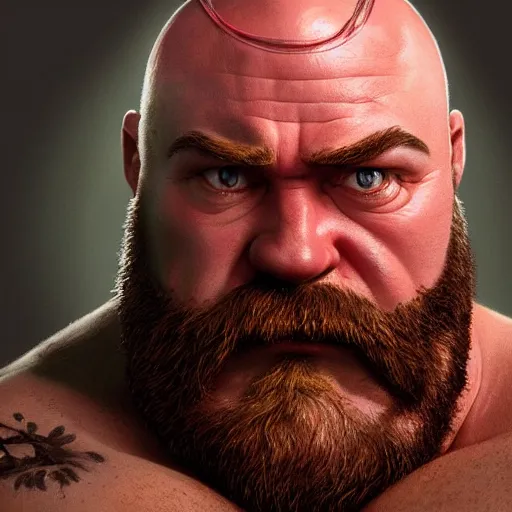 Image similar to david koechner as zangief from street fighter, ultra realistic, concept art, intricate details, eerie, highly detailed, photorealistic, octane render, 8 k, unreal engine. art by artgerm and greg rutkowski and magali villeneuve and alphonse mucha