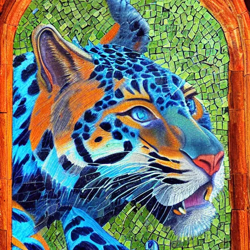Image similar to church painting of the god of nature, the blue panther, hyperdetailed, mosaic