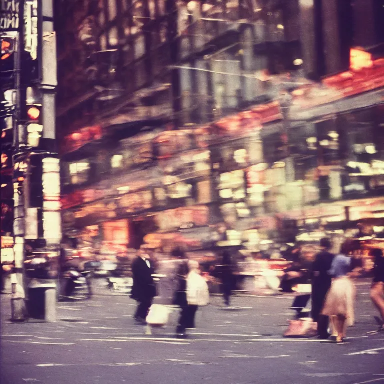 Prompt: analog medium format film ( ( motion - blur ) ) street photography in new york, 1 9 6 0 s hasselblad film street photography, featured on unsplash, photographed on vintage expired colour film