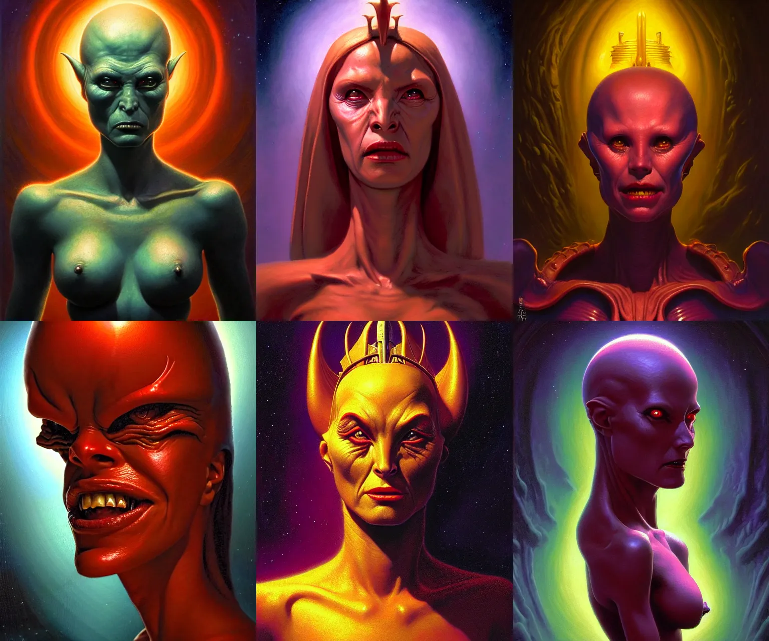 Prompt: cinematic bust portrait of malevolent female extraterrestrial queen, head and chest only, exotic alien features, Tim Hildebrandt, Wayne Barlowe, Bruce Pennington, donato giancola, thomas kinkade, oil on canvas, masterpiece, trending on artstation, featured on pixiv, cinematic composition, dramatic pose, beautiful lighting, sharp, details, hyper-detailed, HD, HDR, 4K, 8K