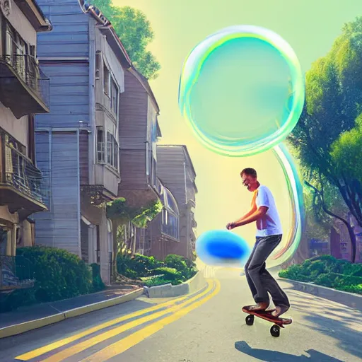 Image similar to a man skateboarding on a road made of bubbles digital painting, matte painting, in the style of Beeple, 8k, highly detailed