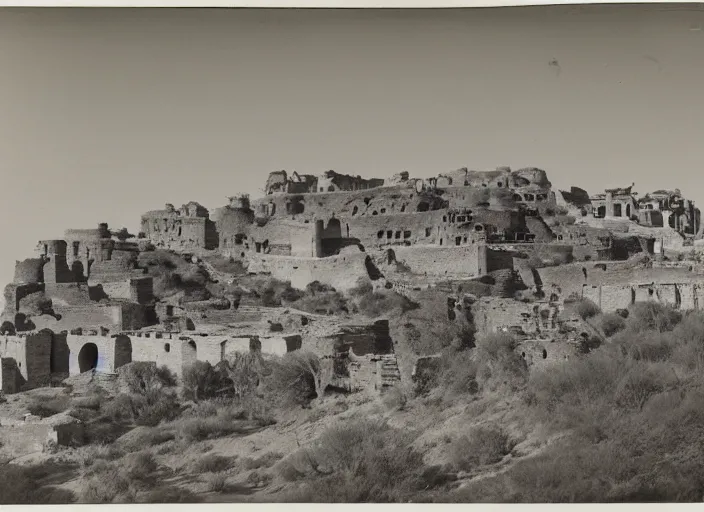 Image similar to Photograph of sprawling cliffside pueblo ruins, showing circular earthworks, terraced gardens and narrow stairs in lush desert vegetation in the foreground, albumen silver print, Smithsonian American Art Museum