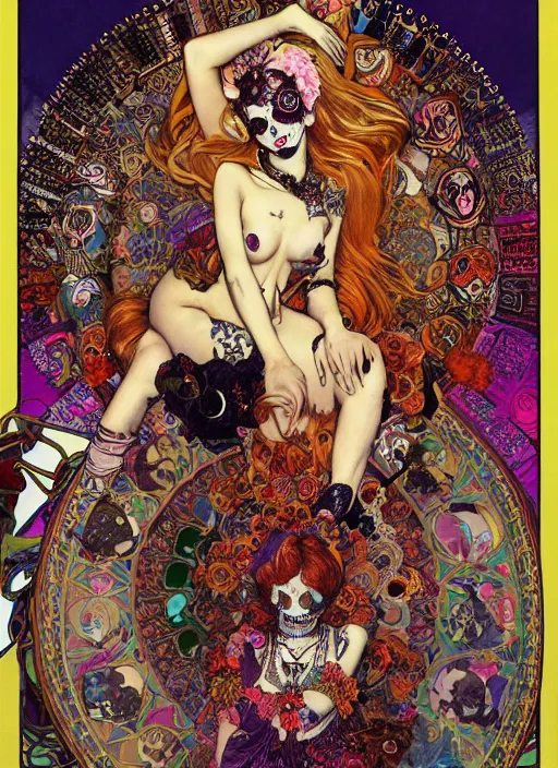 Image similar to cute punk goth fashion fractal Día de los Muertos tattooed blonde girl posing, psychedelic poster art of by Victor Moscoso Rick Griffin Alphonse Mucha Gustav Klimt Ayami Kojima Amano Charlie Bowater, masterpiece