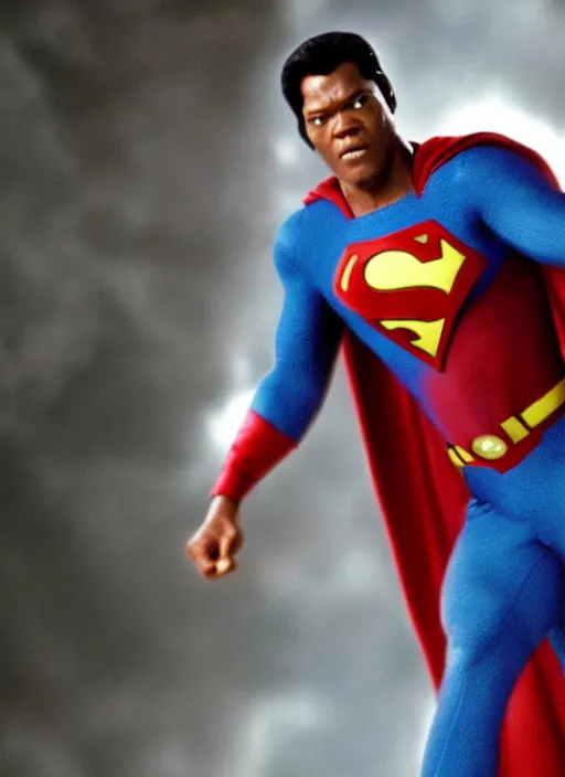 Prompt: film still of Samuel L Jackson as Superman in Superman, 4k