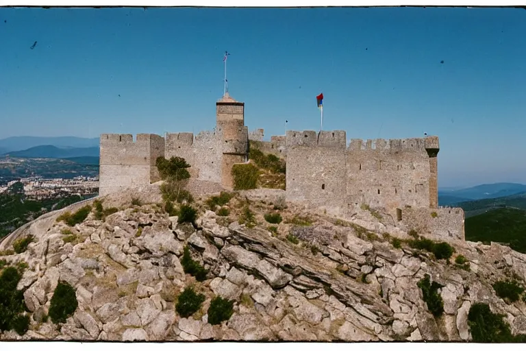 Prompt: 35mm photo of the Spanish castle of Salobrena on the top of a large rocky hill overlooking a white Mediterranean town by June Sun