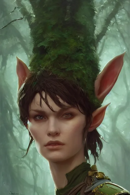 Image similar to dungeons and dragons forest elf character closeup portrait, dramatic light, dungeon background, 2 0 0 mm focal length, painted by stanley lau, painted by greg rutkowski, painted by stanley artgerm, brom, digital art, trending on artstation