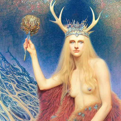 Image similar to a detailed portrait of a blonde haired blue eyed queen of glitter with an antler crown by wayne barlowe and mucha