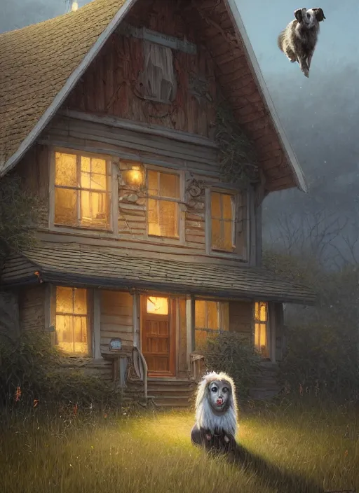 Image similar to highly detailed portrait of a blonde long - haired hillbilly in front of old style house, with his fluffy black and gray australian shepherd, stephen bliss, art by greg rutkowski, loish, rhads, ferdinand knab, makoto shinkai and lois van baarle, tom bagshaw, global illumination, artstation