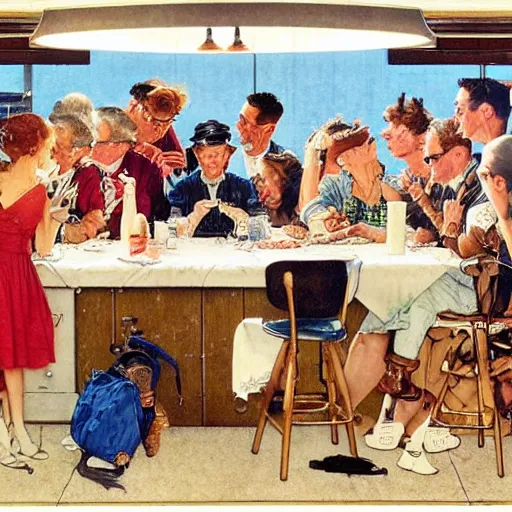 Image similar to an iconic beautiful illustration by norman rockwell of a group of friends gathering around to watch a slideshow pictures from a recent vacation trip, trending on artstation, highly detailed
