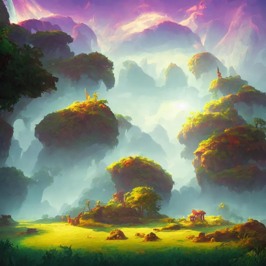 Prompt: enchanted island landscape in the style of riven and myst by rhads and jesper ejsing. vivid color, highly detailed, mystical, digital painting, artstation, concept art, matte, sharp focus.