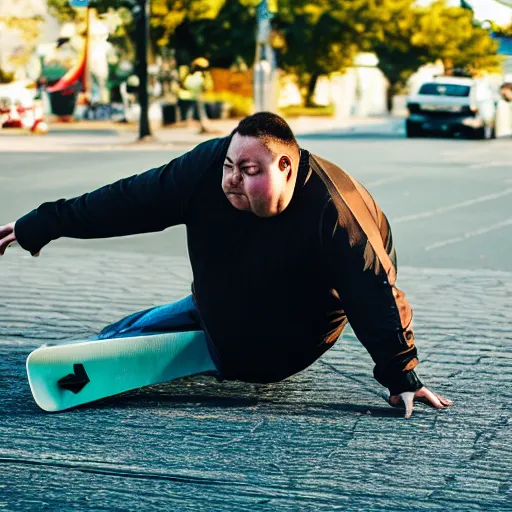 Image similar to obese man falling off of a skateboard, hyper realistic, sony 5 0 mm lens