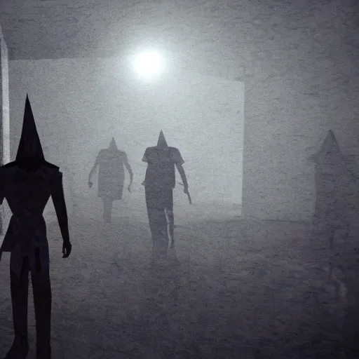 Image similar to Pyramid Head has a surprise birthday party at Silent Hill hospital, dimly lit, 3D, low poly