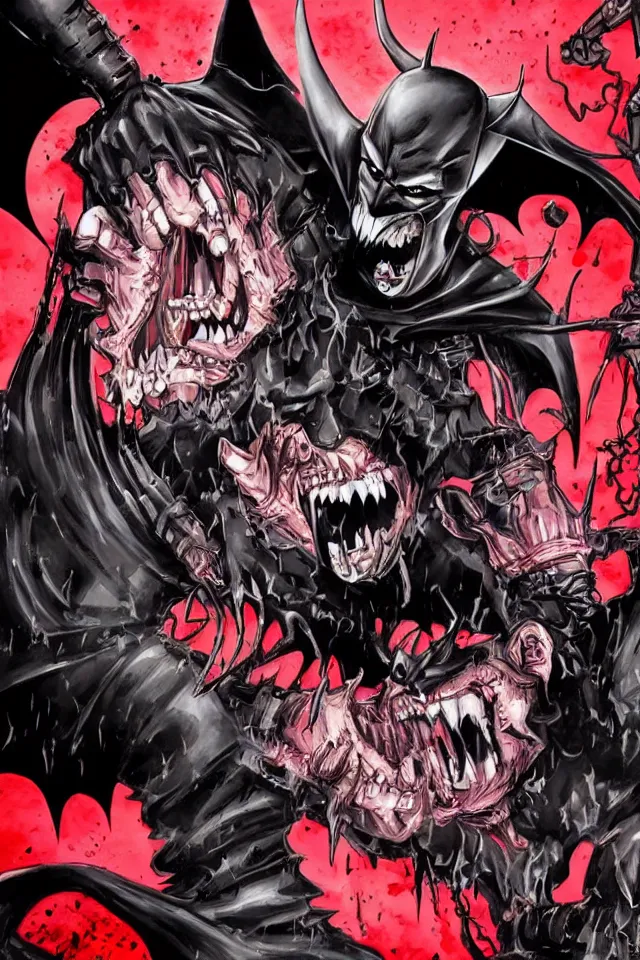 Image similar to The Batman Who Laughs Battles Batman In Hell, Yasushi Nirasawa Cartoon Anime Style