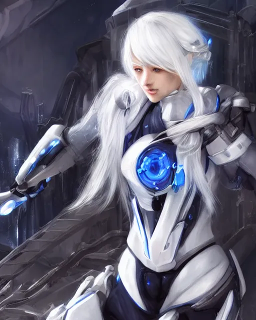 Image similar to perfect white haired girl, warframe armor, beautiful, dreamy, pretty face, blue cyborg eyes, portrait, bright light, scifi, emotional, utopian architecture in the background, laboratory, 4 k, high definition, ultra realistic, aura of light, cinematic, highly detailed, masterpiece, art by akihito tsukushi, akasuki brightmind