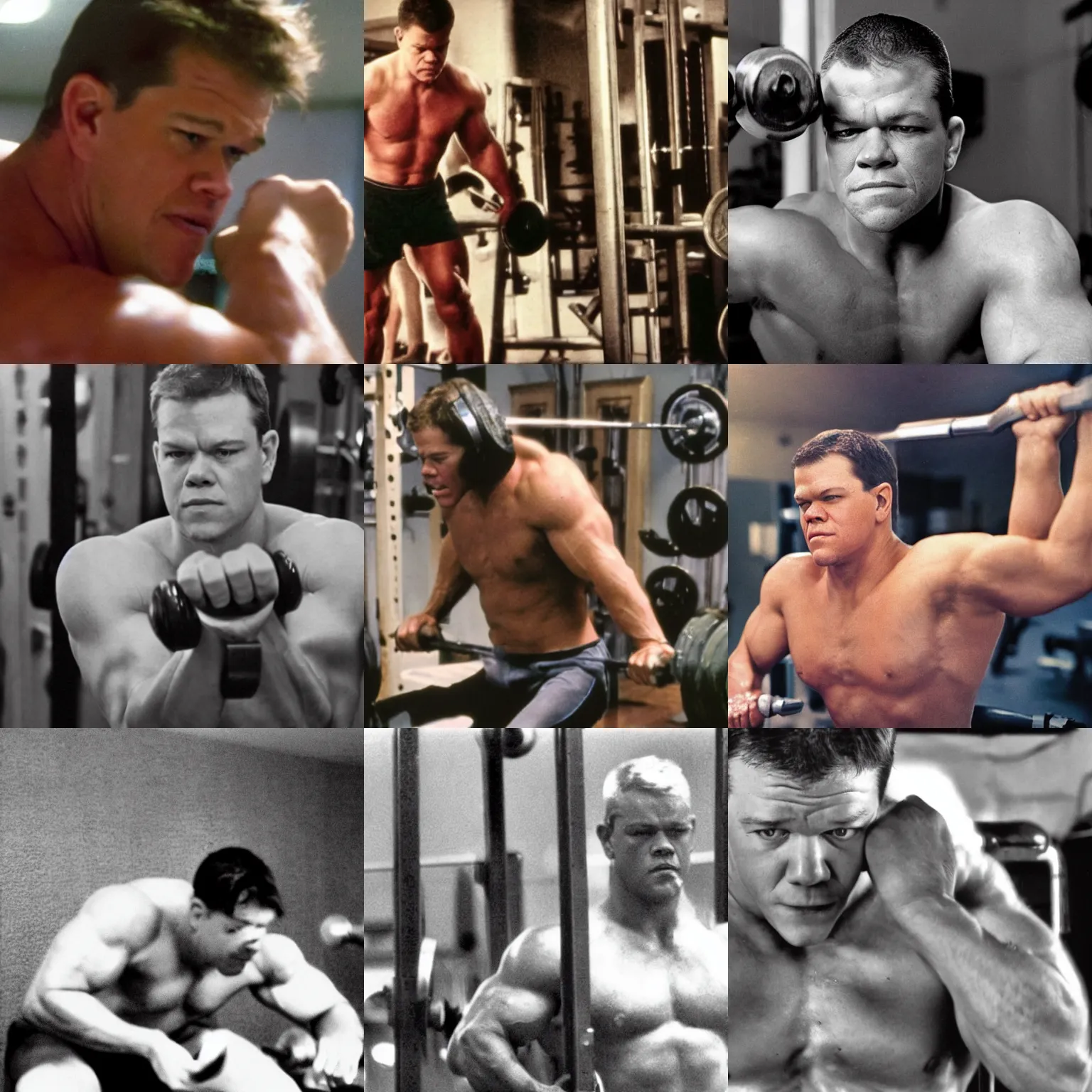 Prompt: close up mid shot!! real photograph, very muscular matt damon pumping iron, documentary still photograph, vintage