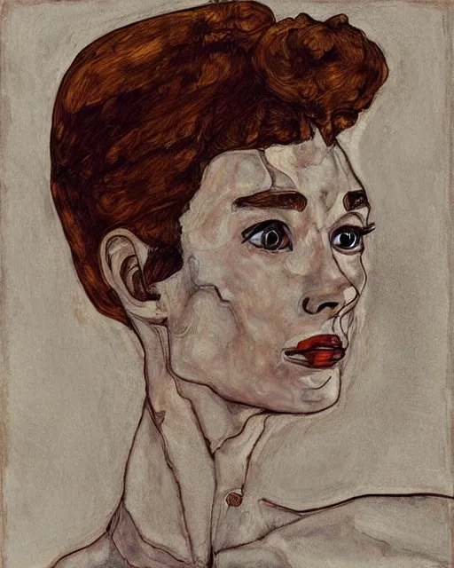 Image similar to portrait of audrey hepburn as an android by egon schiele in the style of greg rutkowski