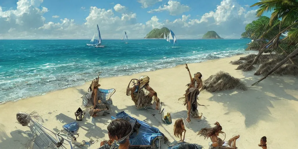 Image similar to ultra realistic illustration,, a beach in tanzania with sailboats in the distance, tropical blue water intricate from baldurs gate, elegant, highly detailed, digital painting, artstation, concept art, smooth, sharp focus, illustration, art by artgerm and greg rutkowski and alphonse mucha