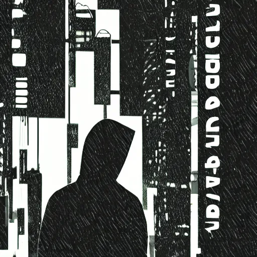 Prompt: digital art cyberpunk landscape silhouette of young man in a hoodie in the foreground