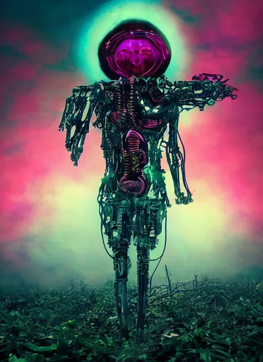 Image similar to a small psychedelic surreal horror cyborg in the chaotic spirit forest, bizarre conceptual art, filmic, fulcolor octane reminder, cinematic, ultra - realistic