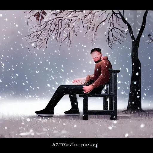 Image similar to young man crying on a park bench alone under falling snowflakes, trending on artstation