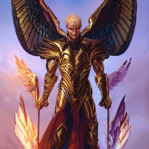 Prompt: archangel of fury, male, full-body portrait, MTG, fantasy, portrait, highly detailed, digital painting, artstation, concept art, sharp focus, illustration, art by artgerm and greg rutkowski and magali villeneuve, red white and gold color scheme