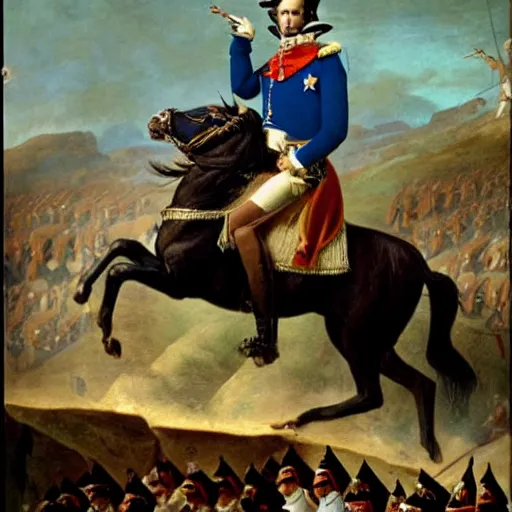 Image similar to napoleon standing on top of a cliff with an army marching next to him.