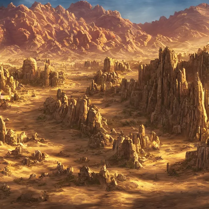 Prompt: large densely packed bustling old western style city in the middle of a sandy flat desert with a single mountain on the very distant horizon. magic the gathering art, digital media