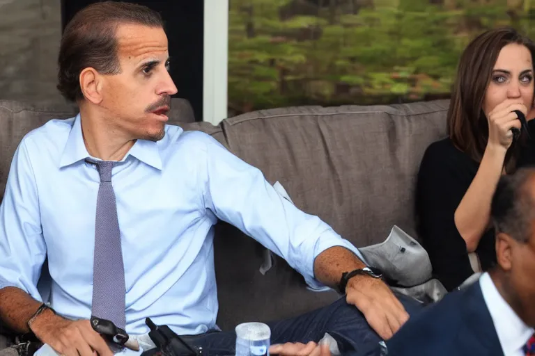 Prompt: hunter biden smoking crack pipe. wide angle view