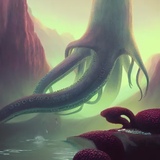 Prompt: A surreal and ethereal underwater landscape with a giant octopus, sci fi, trending on artstation, highly detailed, by Mandy Jurgens and Dang My Linh