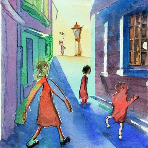 Image similar to “children’s book illustration of children playing in street while spectral figure watches in background, ominous, artist’s guache with watercolor overlay”