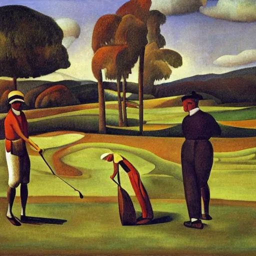 Image similar to Three golfers on a beautiful golf course, by Diego Rivera